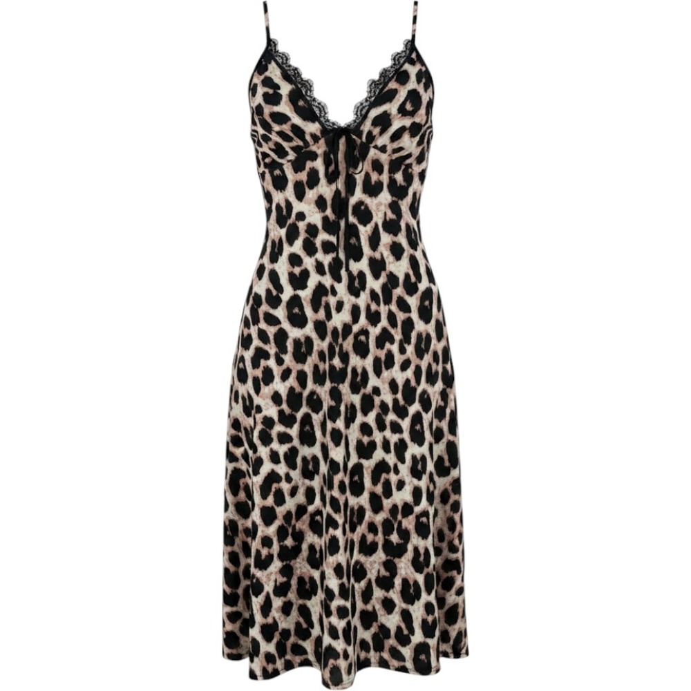 SHEIN Leopard Print Lace Trim V-Neck Empire Waist Midi Dress Small Animal Print